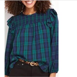 Blackwatch Ruffle Long Sleeve Popover Top Size Medium